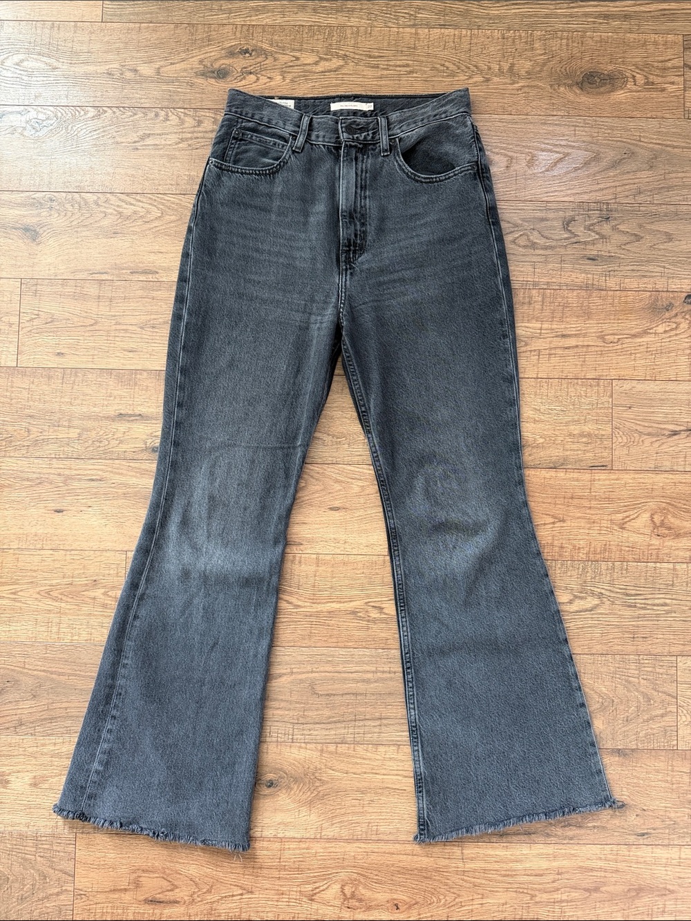 Levi's Premium Washed Black 70s High Flare Jeans Raw Hem Womens 27